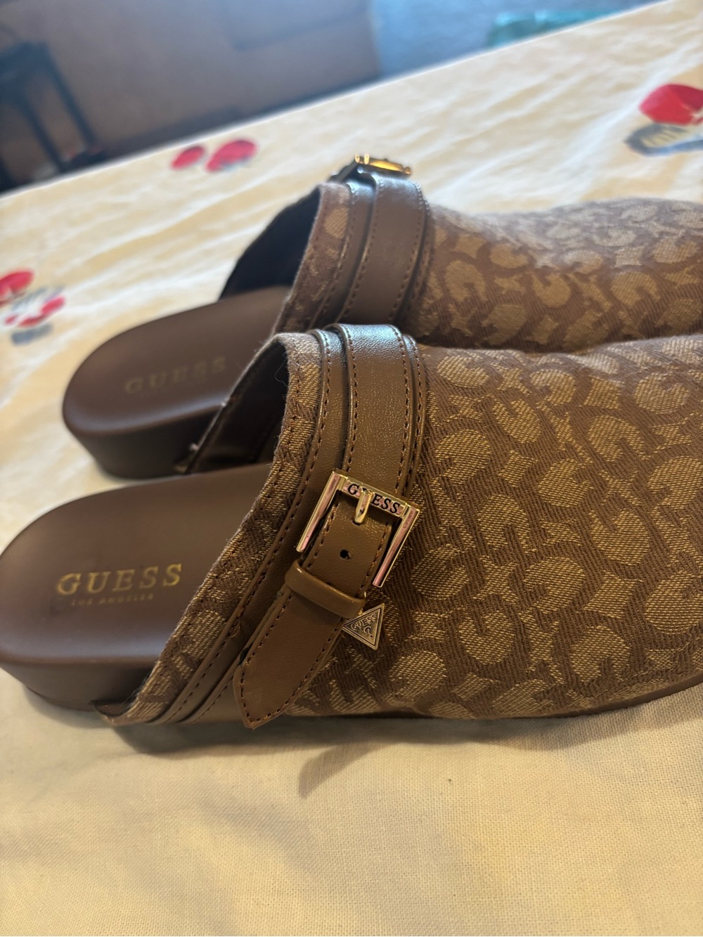 GUESS Brown Monogram Slip-On Mule with Buckle Detail